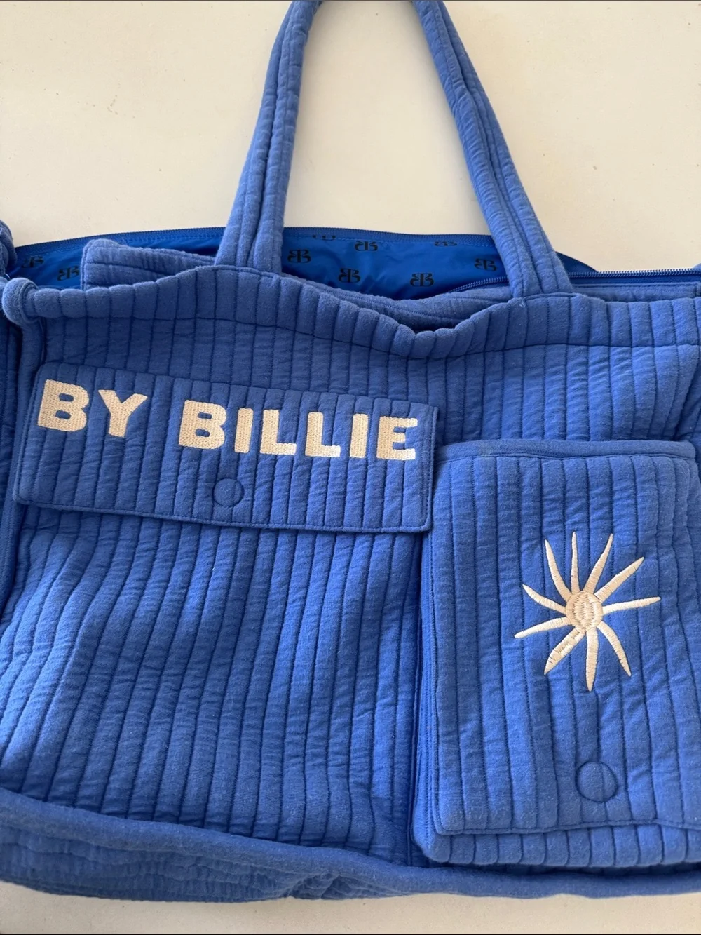 Blue Quilted Tote with White Seagull Appliqués